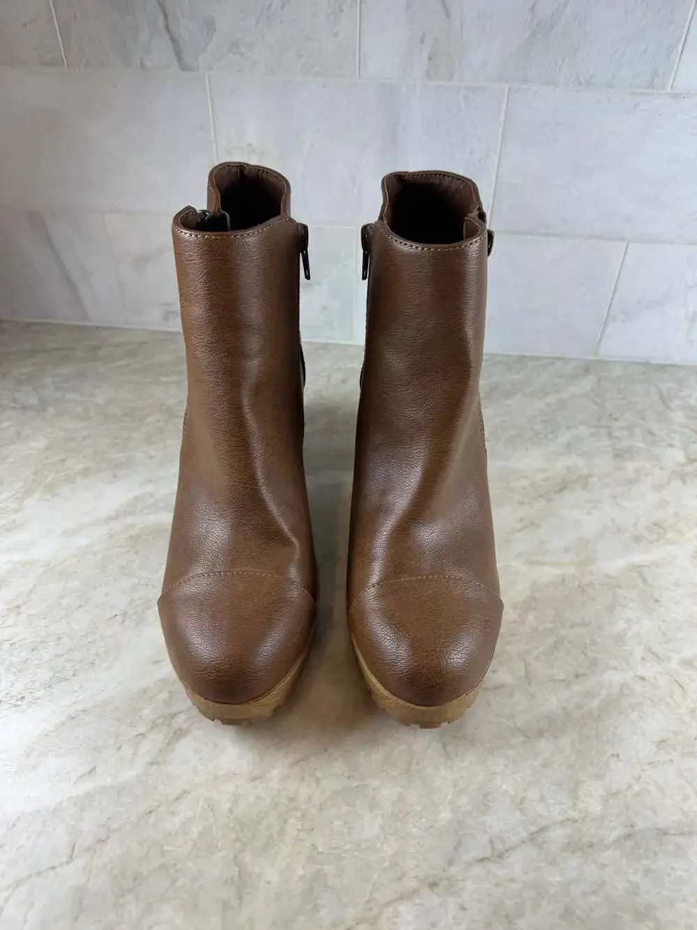 Sun + Stone Rowaan Brown Platform Ankle Boots Block Heel Zip Womens 7.5 M